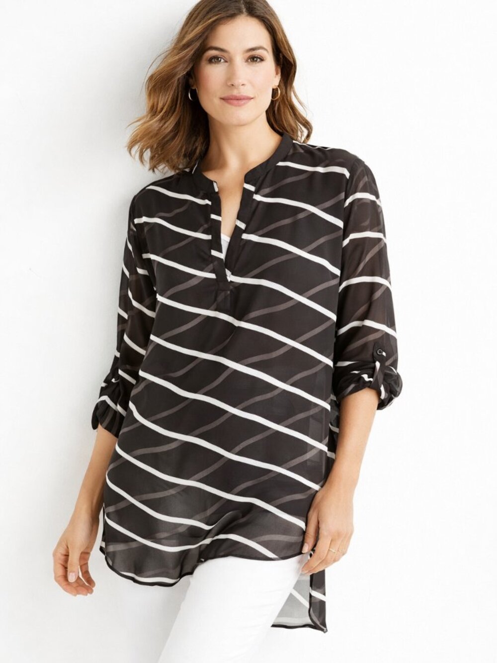 Chico’s Women’s Semi‑Sheer Striped Blouse Or Cover‑Up Black White Small (4-6)